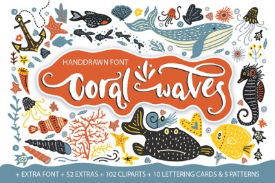 Coral waves. Font and clip arts