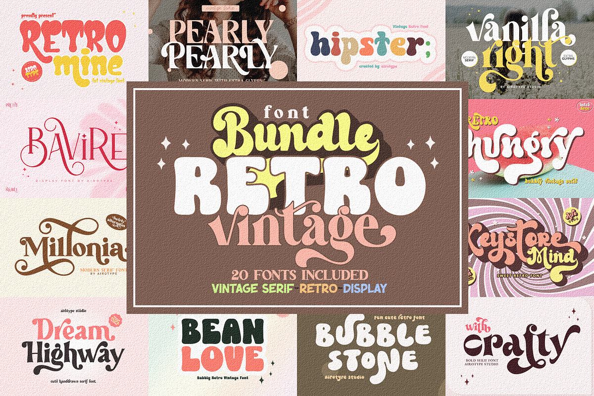 Retro Font Bundle - 20 Vintage Fonts Free Download Free Download